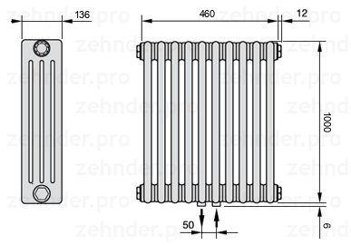 Схема (чертеж) Радиатор Zehnder Charleston 4100/10 №5410 Белый глянцевый RAL 9016